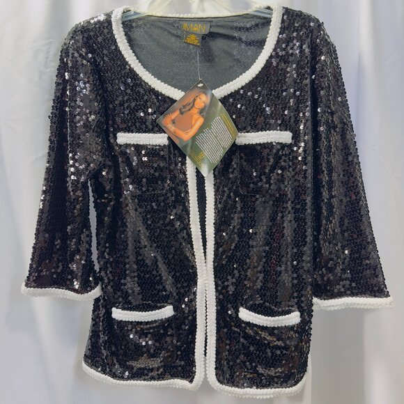 IMAN Jackets & Blazers - NWT Iman Black Sequin Jacket w White Trim Size L 4 Pockets
